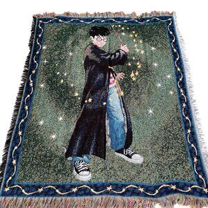 Harry Potter Woven Tapestry Blanket Throw Fringe Reversible Magic Damaged
